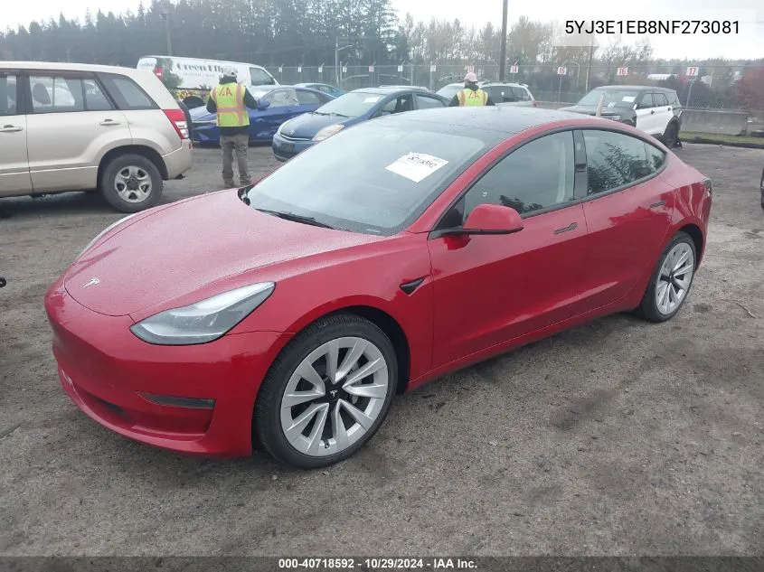 2022 Tesla Model 3 Long Range Dual Motor All-Wheel Drive VIN: 5YJ3E1EB8NF273081 Lot: 40718592