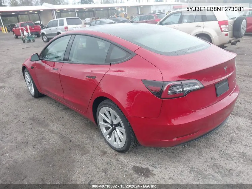 2022 Tesla Model 3 Long Range Dual Motor All-Wheel Drive VIN: 5YJ3E1EB8NF273081 Lot: 40718592