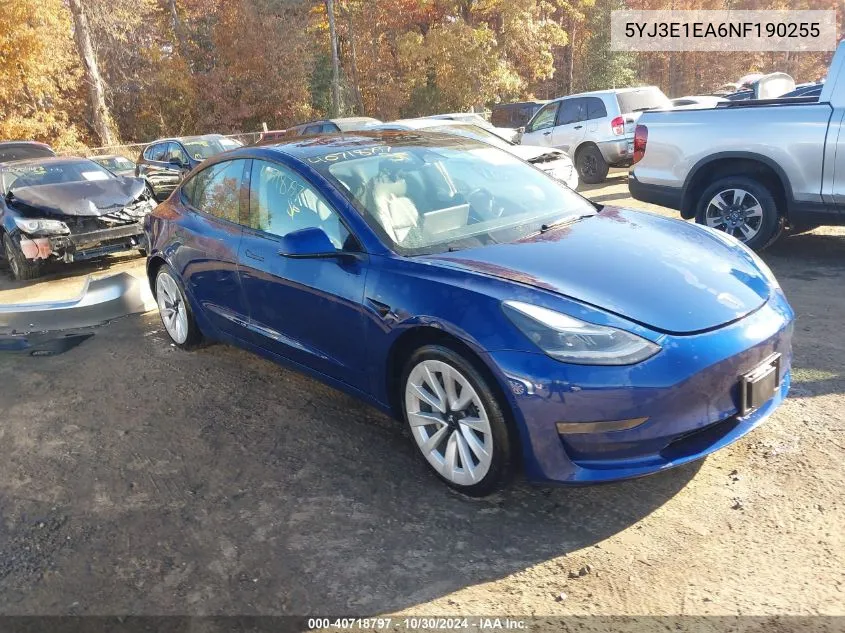 2022 Tesla Model 3 Rear-Wheel Drive VIN: 5YJ3E1EA6NF190255 Lot: 40718797