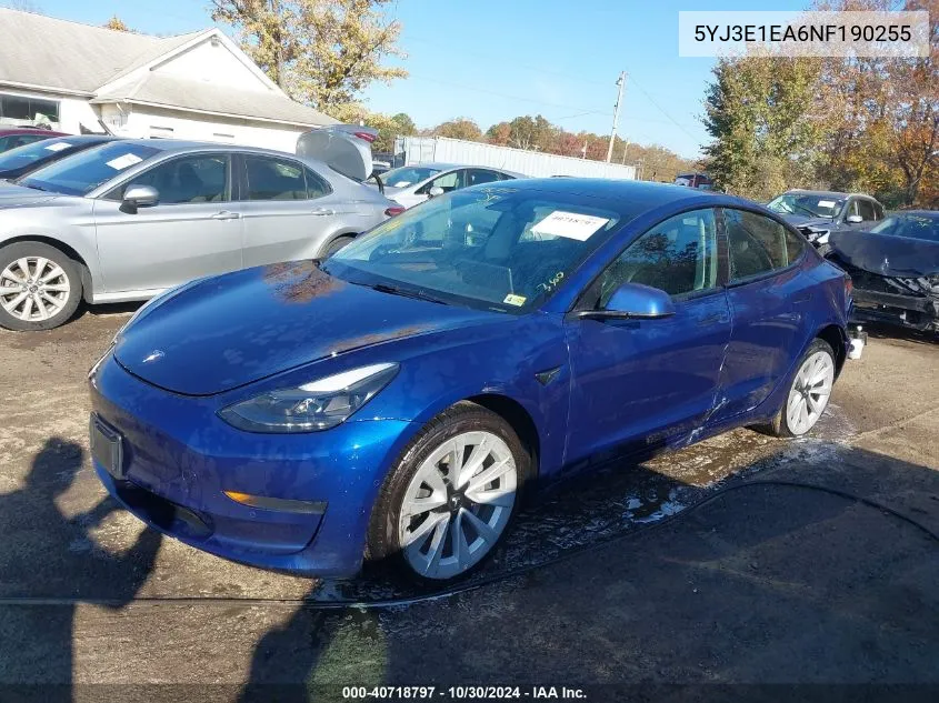 2022 Tesla Model 3 Rear-Wheel Drive VIN: 5YJ3E1EA6NF190255 Lot: 40718797