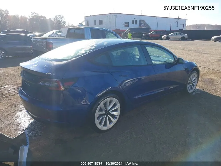 2022 Tesla Model 3 Rear-Wheel Drive VIN: 5YJ3E1EA6NF190255 Lot: 40718797