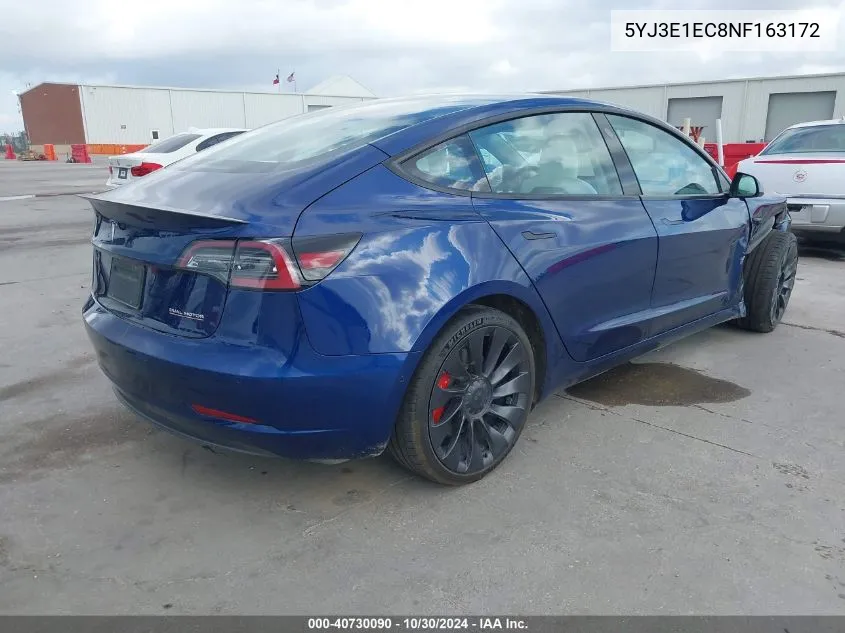 2022 Tesla Model 3 Performance Dual Motor All-Wheel Drive VIN: 5YJ3E1EC8NF163172 Lot: 40730090