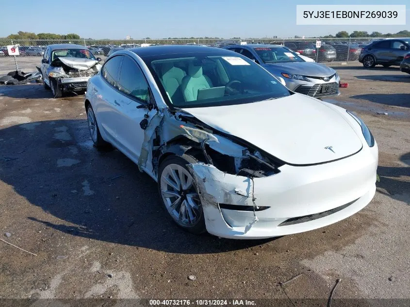 2022 Tesla Model 3 Long Range Dual Motor All-Wheel Drive VIN: 5YJ3E1EB0NF269039 Lot: 40732176