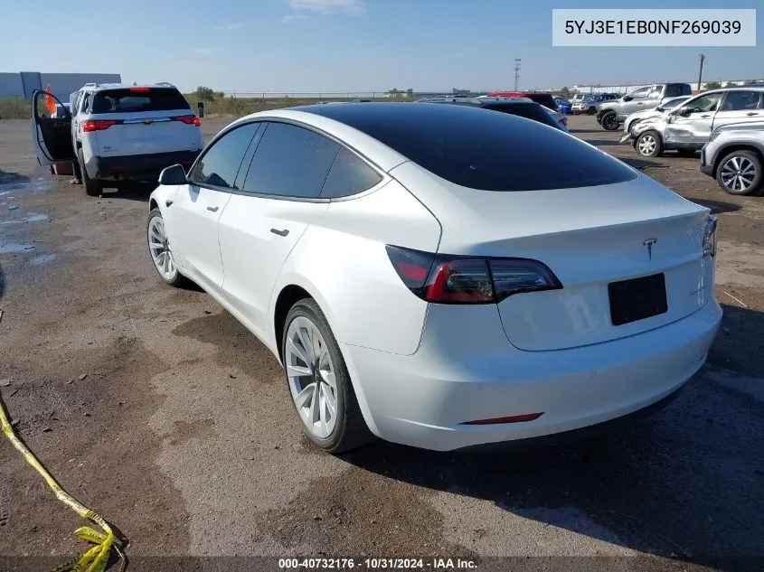 2022 Tesla Model 3 Long Range Dual Motor All-Wheel Drive VIN: 5YJ3E1EB0NF269039 Lot: 40732176