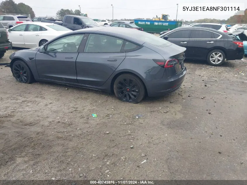 2022 Tesla Model 3 Rear-Wheel Drive VIN: 5YJ3E1EA8NF301114 Lot: 40743876