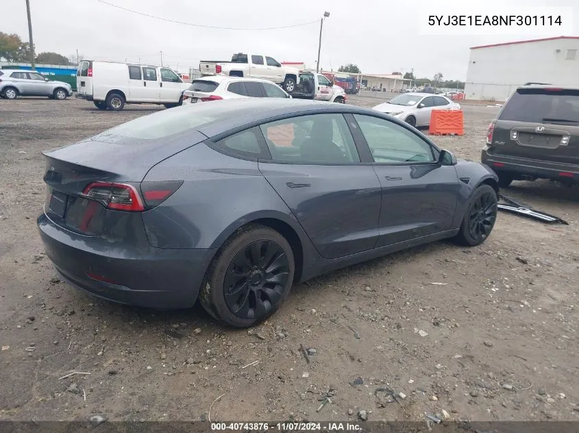 2022 Tesla Model 3 Rear-Wheel Drive VIN: 5YJ3E1EA8NF301114 Lot: 40743876