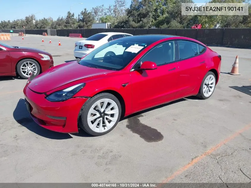 2022 Tesla Model 3 Rear-Wheel Drive VIN: 5YJ3E1EA2NF190141 Lot: 40744165