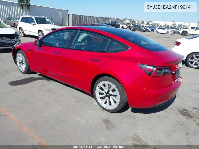 2022 Tesla Model 3 Rear-Wheel Drive VIN: 5YJ3E1EA2NF190141 Lot: 40744165