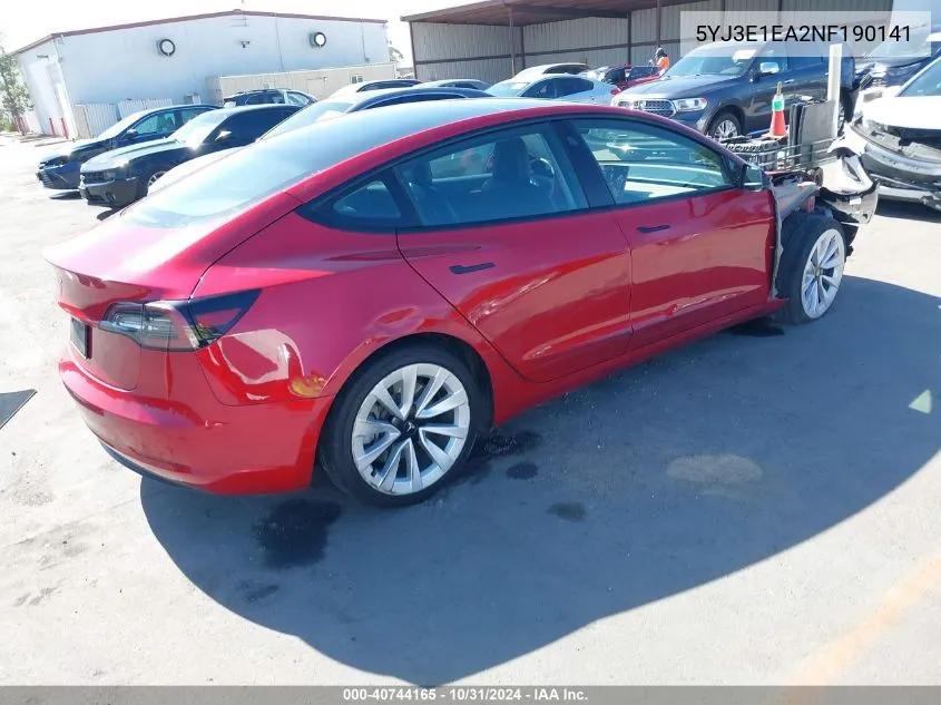 2022 Tesla Model 3 Rear-Wheel Drive VIN: 5YJ3E1EA2NF190141 Lot: 40744165