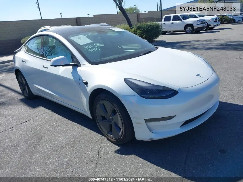 2022 Tesla Model 3 Rear-Wheel Drive VIN: 5YJ3E1EA5NF248033 Lot: 40747312