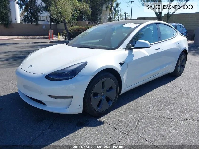 2022 Tesla Model 3 Rear-Wheel Drive VIN: 5YJ3E1EA5NF248033 Lot: 40747312