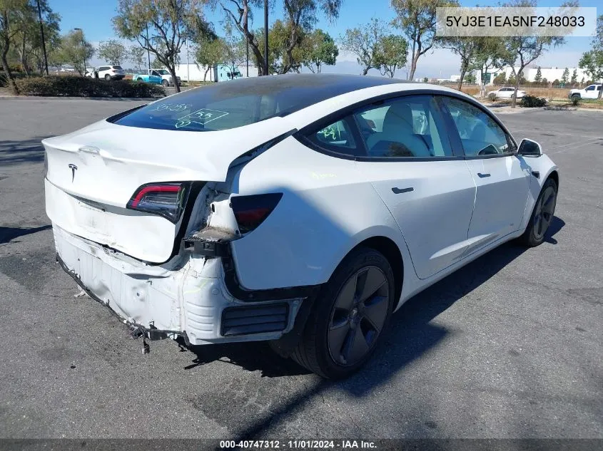 2022 Tesla Model 3 Rear-Wheel Drive VIN: 5YJ3E1EA5NF248033 Lot: 40747312