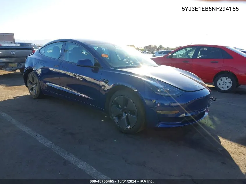 2022 Tesla Model 3 Long Range Dual Motor All-Wheel Drive VIN: 5YJ3E1EB6NF294155 Lot: 40755465