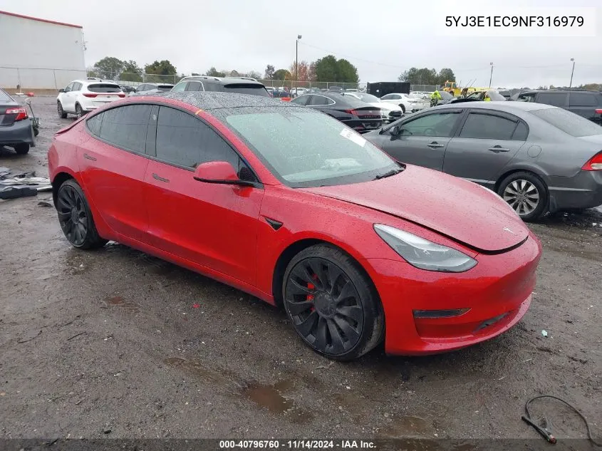 2022 Tesla Model 3 Performance Dual Motor All-Wheel Drive VIN: 5YJ3E1EC9NF316979 Lot: 40796760