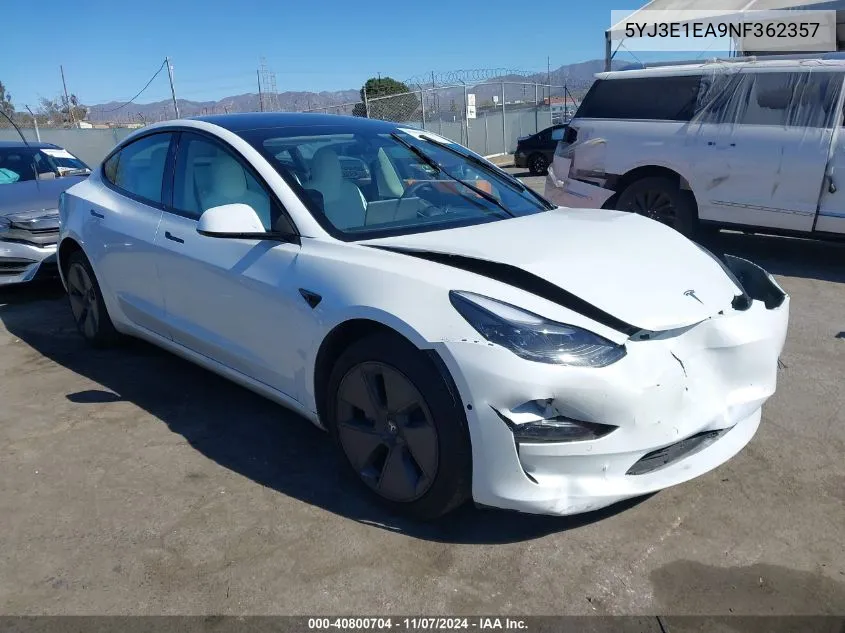 2022 Tesla Model 3 Rear-Wheel Drive VIN: 5YJ3E1EA9NF362357 Lot: 40800704