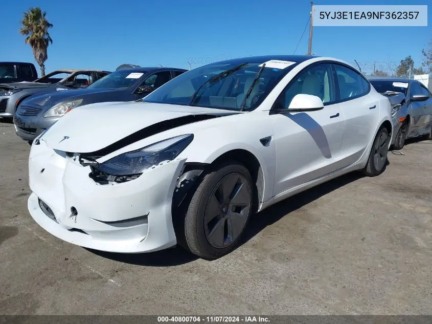 2022 Tesla Model 3 Rear-Wheel Drive VIN: 5YJ3E1EA9NF362357 Lot: 40800704