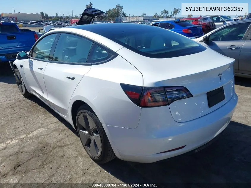 2022 Tesla Model 3 Rear-Wheel Drive VIN: 5YJ3E1EA9NF362357 Lot: 40800704