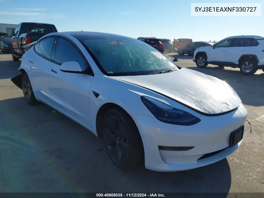 2022 Tesla Model 3 Rear-Wheel Drive VIN: 5YJ3E1EAXNF330727 Lot: 40808035