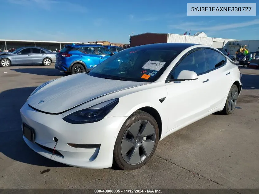 2022 Tesla Model 3 Rear-Wheel Drive VIN: 5YJ3E1EAXNF330727 Lot: 40808035