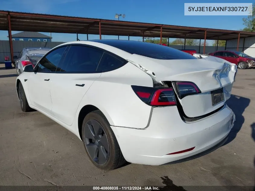 2022 Tesla Model 3 Rear-Wheel Drive VIN: 5YJ3E1EAXNF330727 Lot: 40808035