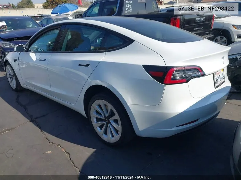 2022 Tesla Model 3 VIN: 5YJ3E1EB1NF298422 Lot: 40812916