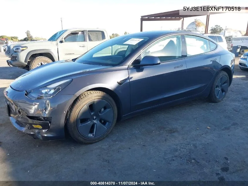 2022 Tesla Model 3 Long Range Dual Motor All-Wheel Drive VIN: 5YJ3E1EBXNF170518 Lot: 40814370