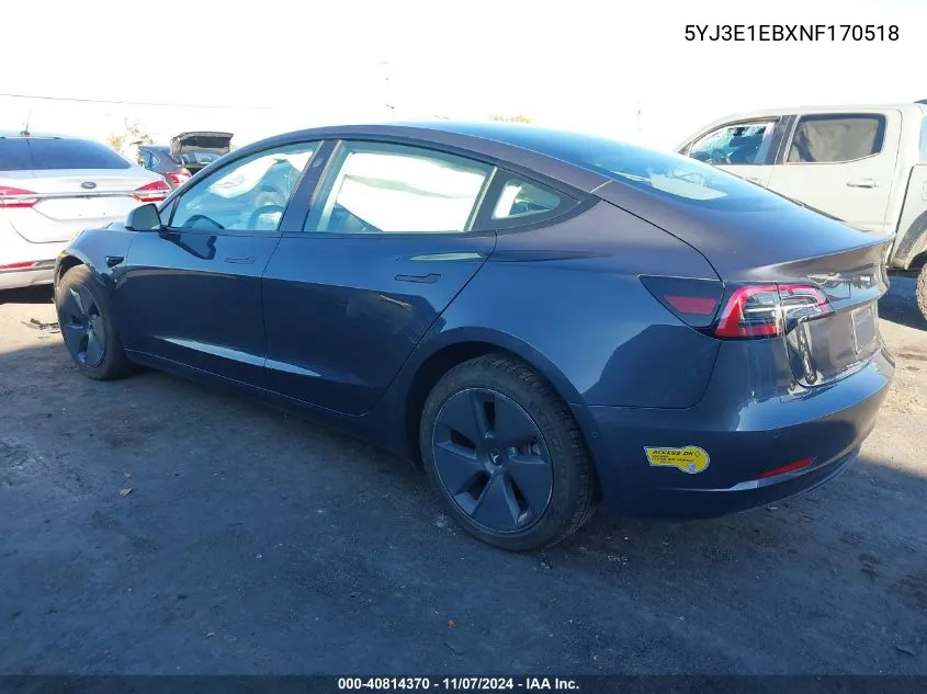 2022 Tesla Model 3 Long Range Dual Motor All-Wheel Drive VIN: 5YJ3E1EBXNF170518 Lot: 40814370