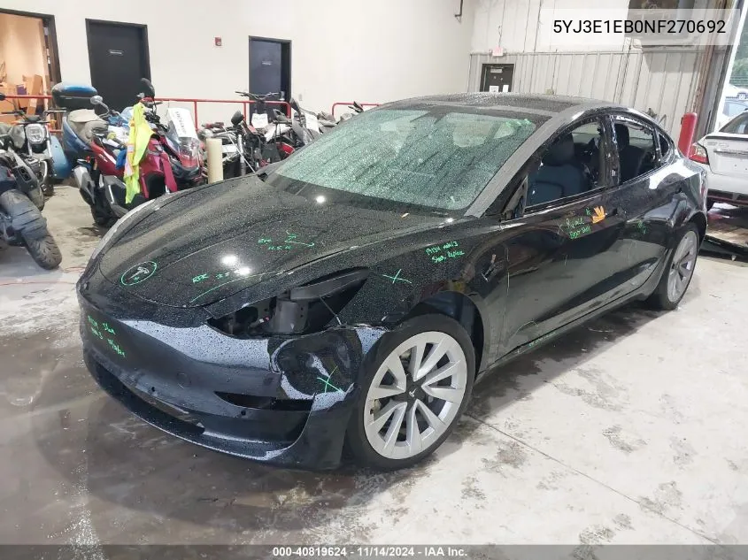 2022 Tesla Model 3 Long Range Dual Motor All-Wheel Drive VIN: 5YJ3E1EB0NF270692 Lot: 40819624