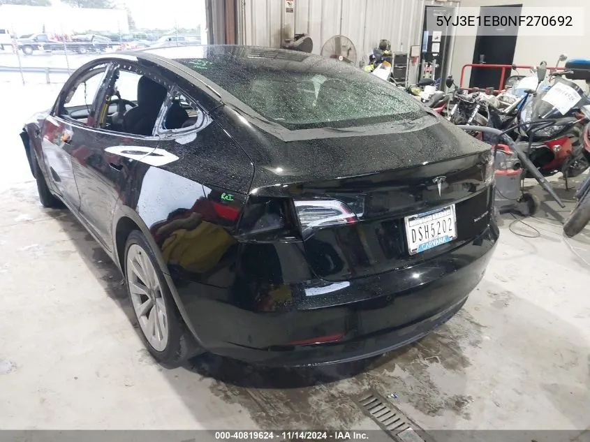 2022 Tesla Model 3 Long Range Dual Motor All-Wheel Drive VIN: 5YJ3E1EB0NF270692 Lot: 40819624