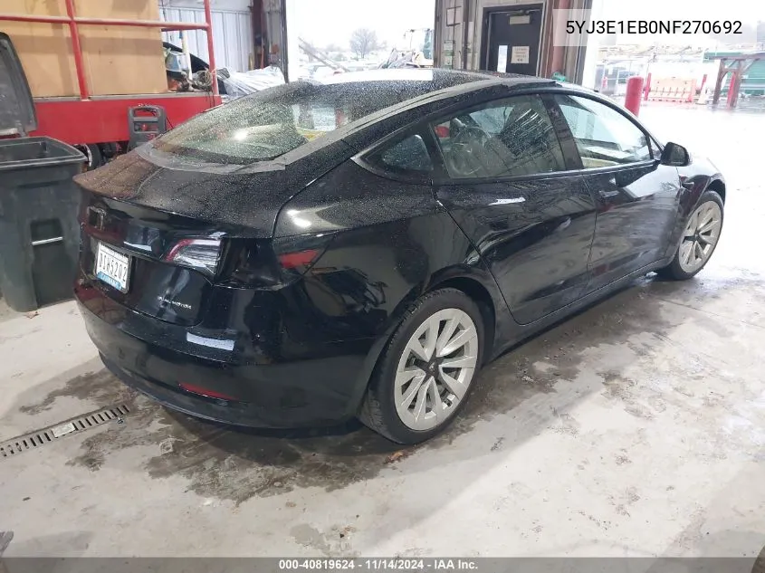 2022 Tesla Model 3 Long Range Dual Motor All-Wheel Drive VIN: 5YJ3E1EB0NF270692 Lot: 40819624