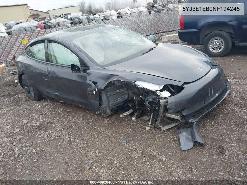 2022 Tesla Model 3 Long Range Dual Motor All-Wheel Drive VIN: 5YJ3E1EB0NF194245 Lot: 40820463