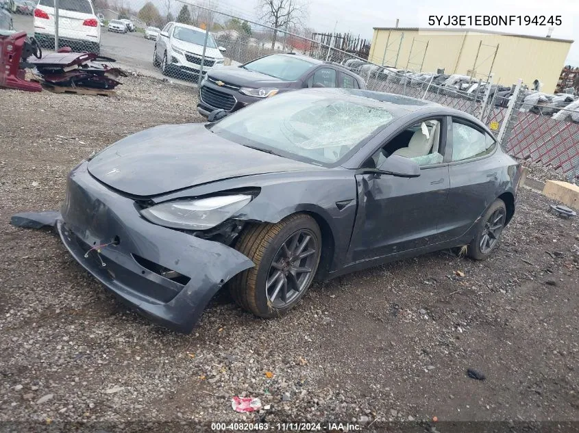 2022 Tesla Model 3 Long Range Dual Motor All-Wheel Drive VIN: 5YJ3E1EB0NF194245 Lot: 40820463