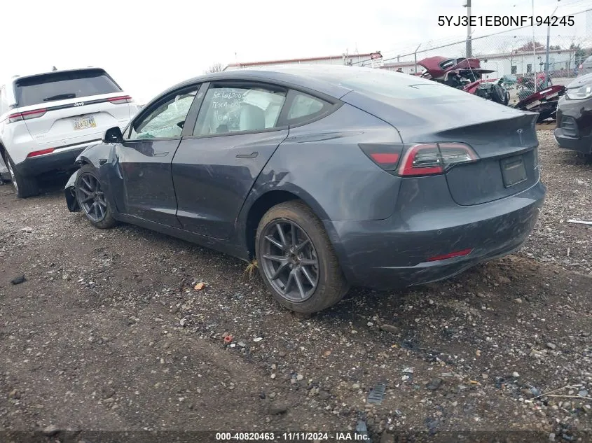 2022 Tesla Model 3 Long Range Dual Motor All-Wheel Drive VIN: 5YJ3E1EB0NF194245 Lot: 40820463