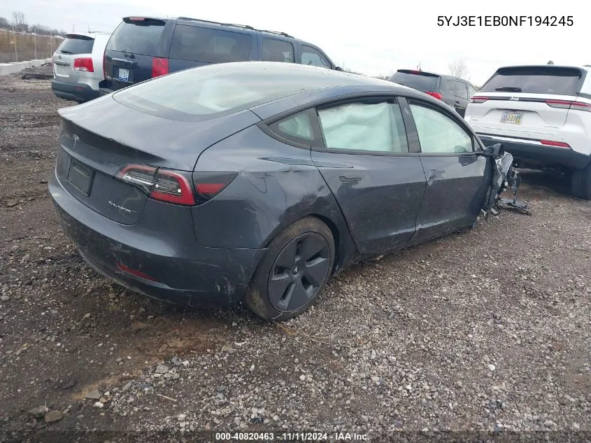 2022 Tesla Model 3 Long Range Dual Motor All-Wheel Drive VIN: 5YJ3E1EB0NF194245 Lot: 40820463