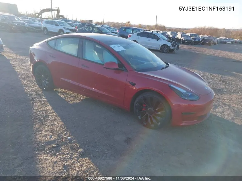 2022 Tesla Model 3 Performance Dual Motor All-Wheel Drive VIN: 5YJ3E1EC1NF163191 Lot: 40827588