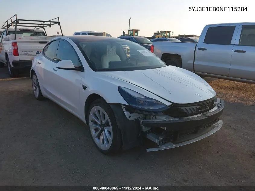 2022 Tesla Model 3 Long Range Dual Motor All-Wheel Drive VIN: 5YJ3E1EB0NF115284 Lot: 40849065