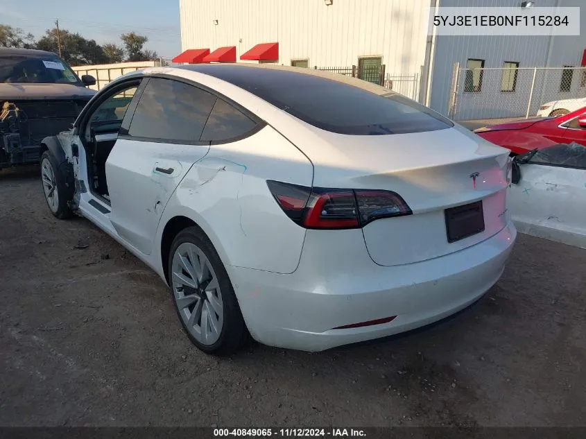 2022 Tesla Model 3 Long Range Dual Motor All-Wheel Drive VIN: 5YJ3E1EB0NF115284 Lot: 40849065