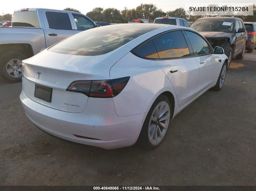 2022 Tesla Model 3 Long Range Dual Motor All-Wheel Drive VIN: 5YJ3E1EB0NF115284 Lot: 40849065