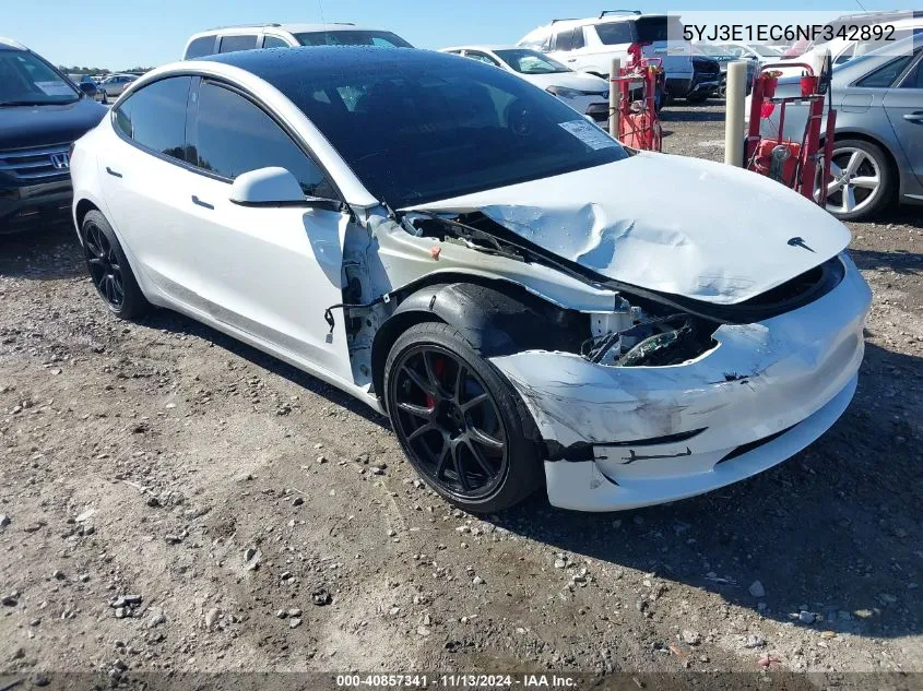 2022 Tesla Model 3 Performance Dual Motor All-Wheel Drive VIN: 5YJ3E1EC6NF342892 Lot: 40857341