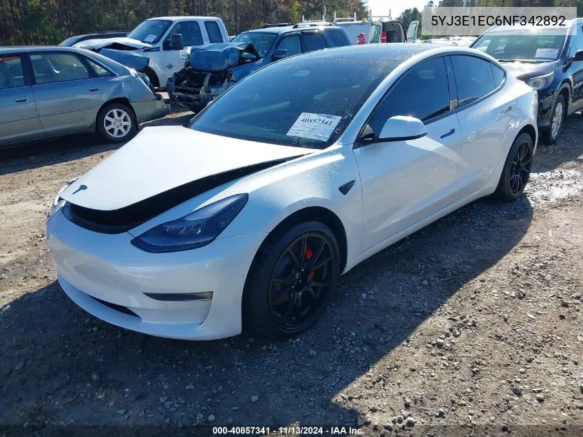 2022 Tesla Model 3 Performance Dual Motor All-Wheel Drive VIN: 5YJ3E1EC6NF342892 Lot: 40857341