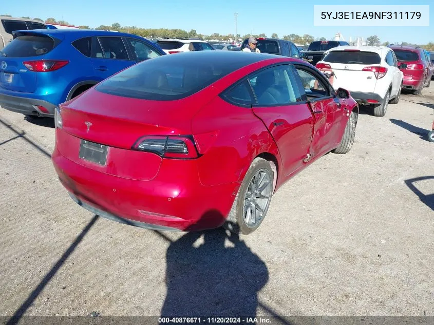 2022 Tesla Model 3 Rear-Wheel Drive VIN: 5YJ3E1EA9NF311179 Lot: 40876671