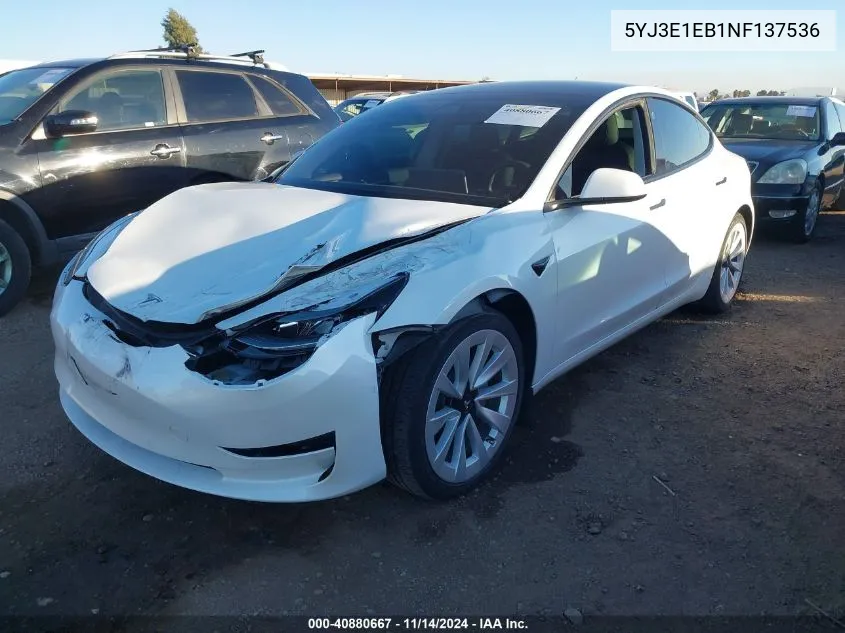 2022 Tesla Model 3 Long Range Dual Motor All-Wheel Drive VIN: 5YJ3E1EB1NF137536 Lot: 40880667