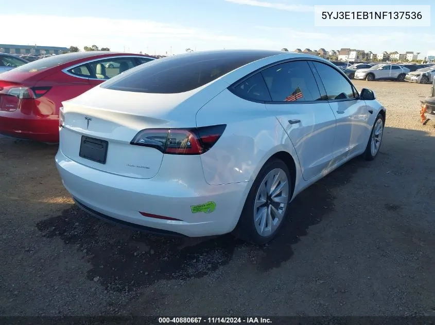 2022 Tesla Model 3 Long Range Dual Motor All-Wheel Drive VIN: 5YJ3E1EB1NF137536 Lot: 40880667