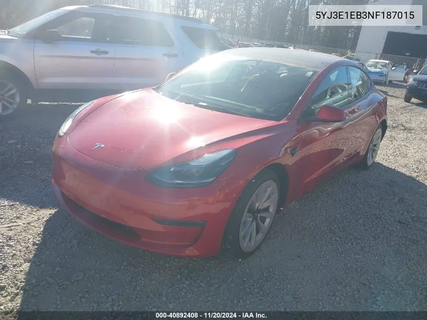 2022 Tesla Model 3 Long Range Dual Motor All-Wheel Drive VIN: 5YJ3E1EB3NF187015 Lot: 40892408