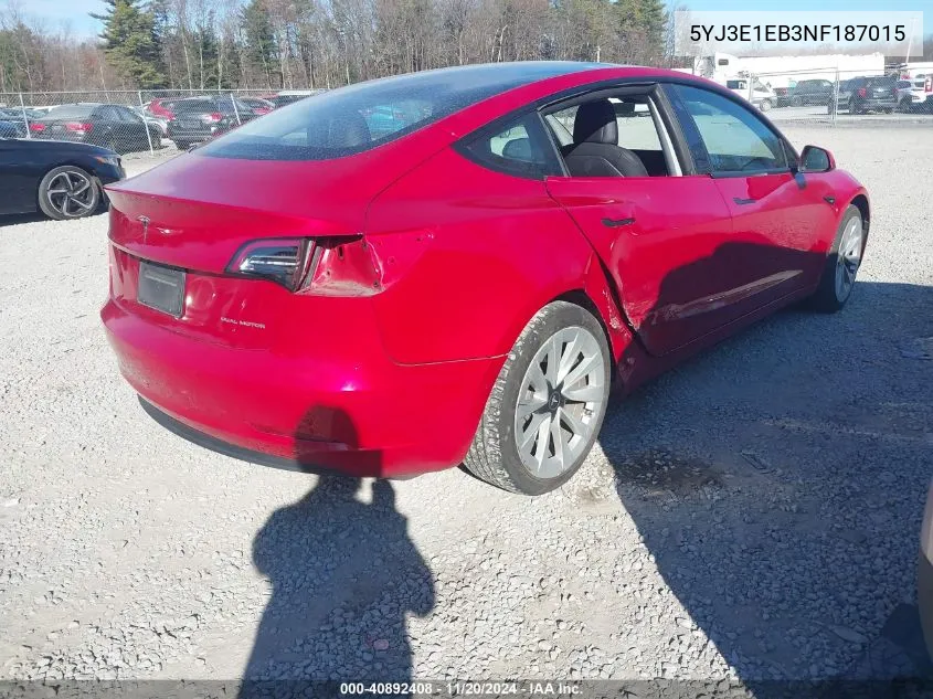 2022 Tesla Model 3 Long Range Dual Motor All-Wheel Drive VIN: 5YJ3E1EB3NF187015 Lot: 40892408