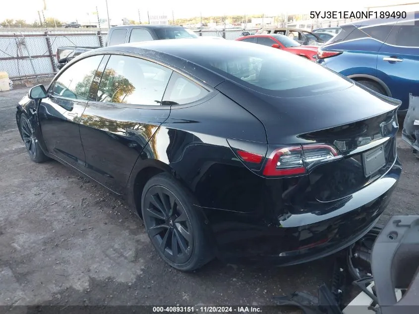 2022 Tesla Model 3 Rear-Wheel Drive VIN: 5YJ3E1EA0NF189490 Lot: 40893151