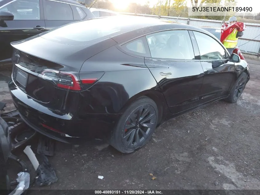 2022 Tesla Model 3 Rear-Wheel Drive VIN: 5YJ3E1EA0NF189490 Lot: 40893151