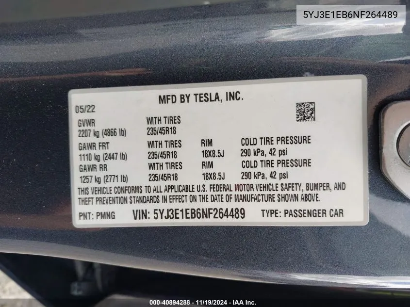 2022 Tesla Model 3 Long Range Dual Motor All-Wheel Drive VIN: 5YJ3E1EB6NF264489 Lot: 40894288