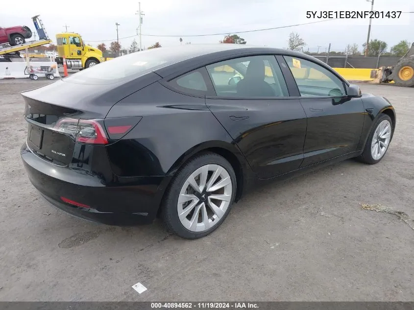 2022 Tesla Model 3 Long Range Dual Motor All-Wheel Drive VIN: 5YJ3E1EB2NF201437 Lot: 40894562