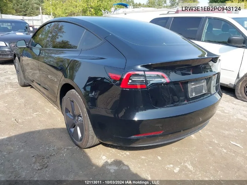 2023 Tesla Model 3 VIN: LRW3E1EB2PC943124 Lot: 12113011